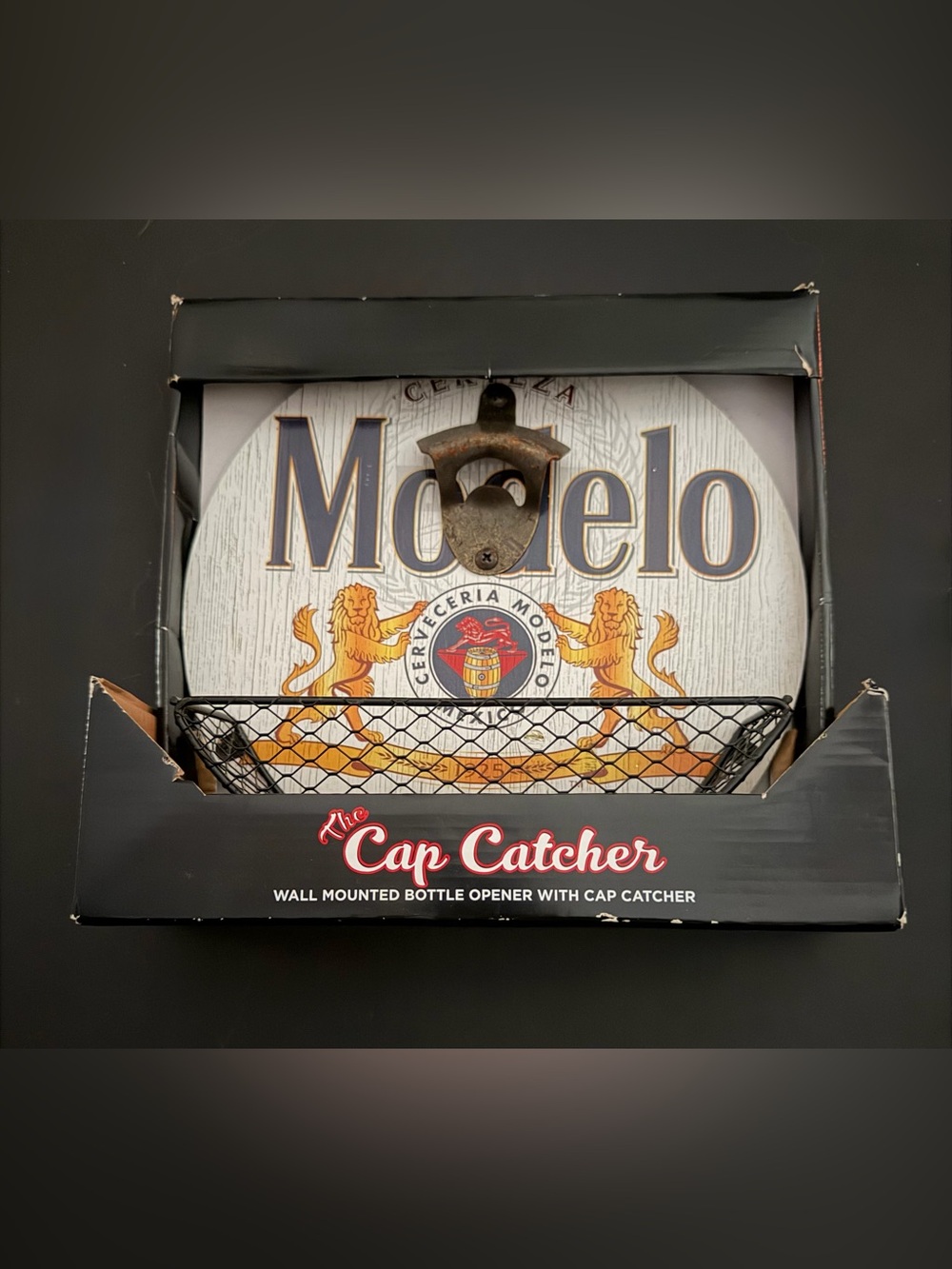 Modelo Wall-Mounted Bottle Opener with Black Mesh Cap Catcher